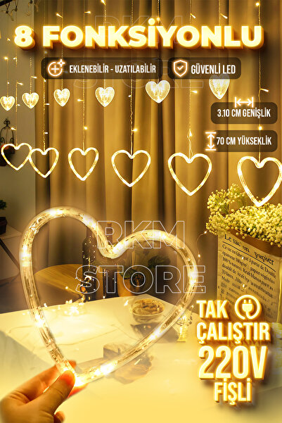 rkmstore Kalp Şekilli Perde Led Dekoratif Fişli Kalpli Saçaklı 12 Adet Kalp G...