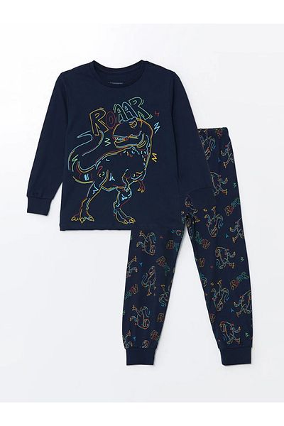LC Waikiki Navy Blue Lcw Boy's Pajama Set - Crew Neck, Printed, Long Sleeve