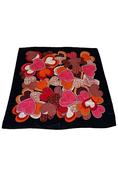 TikiTonki Kalp Desenli Kare Kesim Saten Siyah Eşarp - 90x90