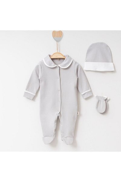 Minimus Newborn Baby Boy Cotton Jumpsuit Hospital Exit Piping Baby Collared Jumpsuit Gloves and Hat Set