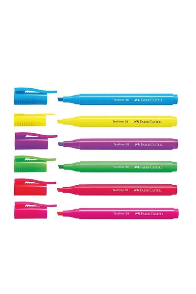 Faber Castell Highlighter 38 Neon Set of 6, Vibrant Colors, Water-Based Ink, Ergonomic Design