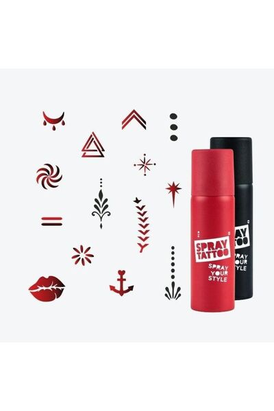 ONE SPRAY TATTOO Mini Dövme Şablon Seti + Siyah ve Kırmızı Sprey 2 – Tattoo &...