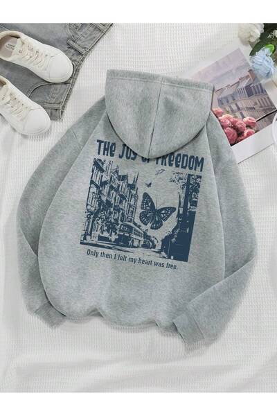 MODARİCH Hanorac cu glugă supradimensionat gri Joy Of Freedom - imprimat