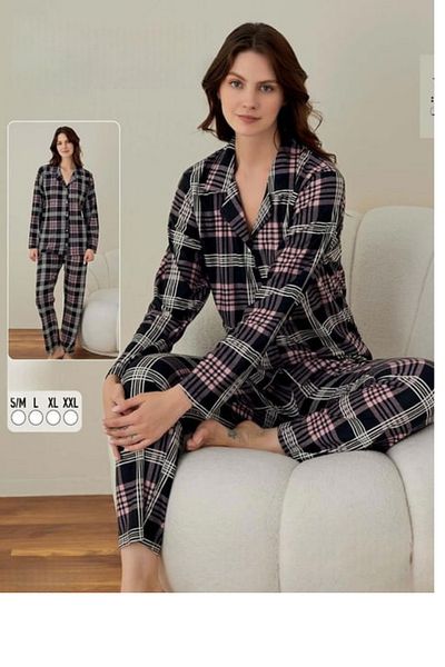 Babishop Set pijamale cu mâneci lungi din velur din piele intoarsa in carouri - BABİ SHOP
