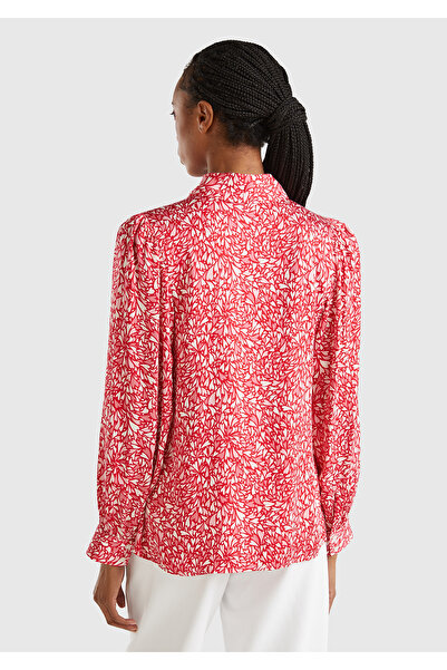 United Colors of Benetton Κόκκινο παχύρρευστο γυναικείο πουκάμισο - Λεπτομέρεια ώμου και καρπού, σχέδιο, μακρυμάνικο