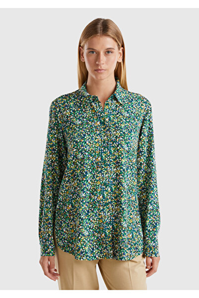 United Colors of Benetton Kadın Yeşil %100 Viskoz Tamamı Desenli Uzun Kollu Gömlek