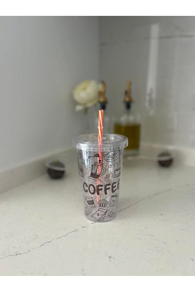 MİMOZA PARK 480 ml Patterned Double Layer Crystal Glass with Straw & Soft Drink Glass
