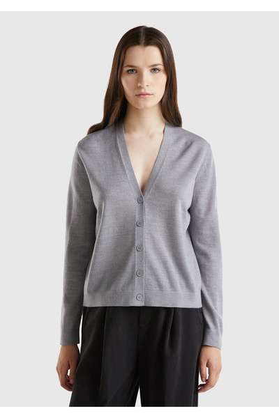 United Colors of Benetton Gray Melange V-Neck Cardigan - 100% Wool, Buttoned ...