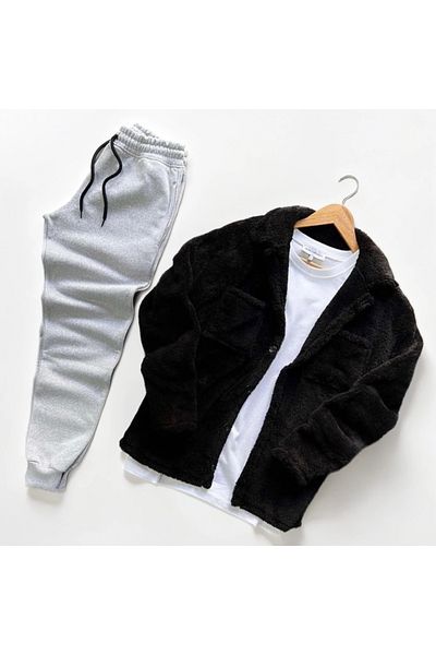 Fifty Color Unisex βελούδινο μαύρο μπουφάν και γκρι φόρμα συνδυασμού κάτω μέρος