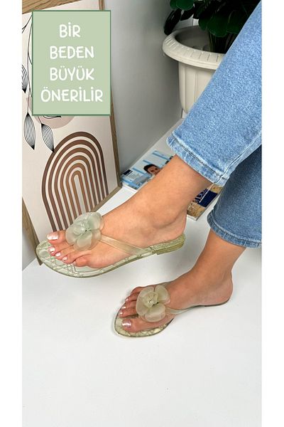 İmerShoes Papuci albastri pentru femei - cu detaliu de gel pentru flip-flop, vârf oval și accesorii cu flori C4