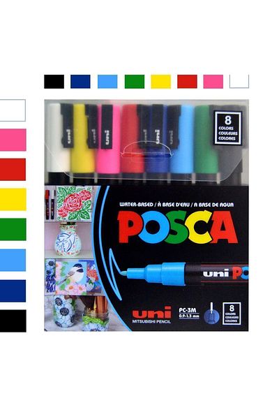 Uni Posca 8-piece PriMary Color Water-based Painting Marker - PC-3M (0.9-1.3mm)