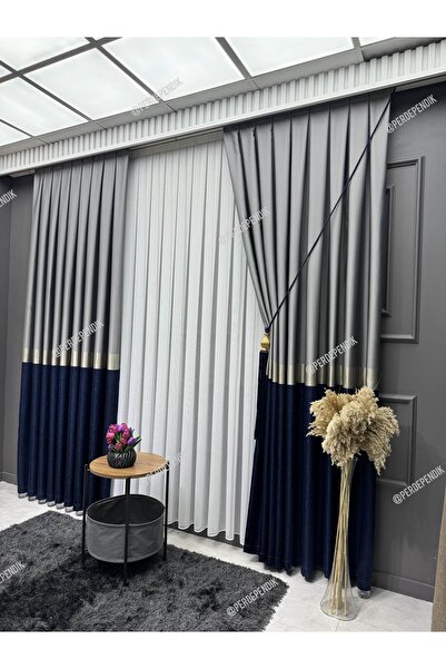 Emes Pano Fon Perde,Elegans Seri Azra Desen Lacivert Gold Gri,Taç,Brilant,Bla...