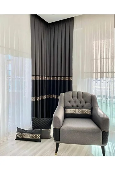 Emes Gold Gilded Velvet Patterned Background Curtain with Black Background