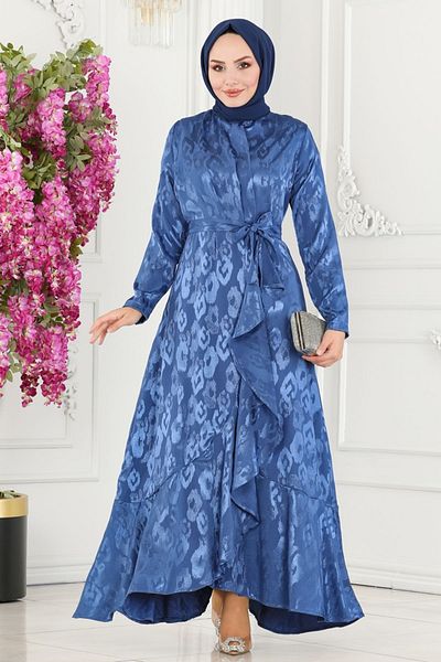 Modaselvim 5000Hbs856 Model Indigo Jacquard Dress - Ruffled Skirt