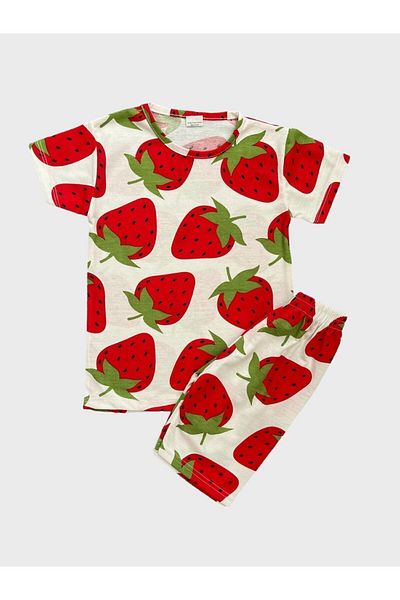 Fil Kids Set de pijamale de vară pentru fete, din bumbac, cu mâneci scurte, cu imprimeu căpșuni