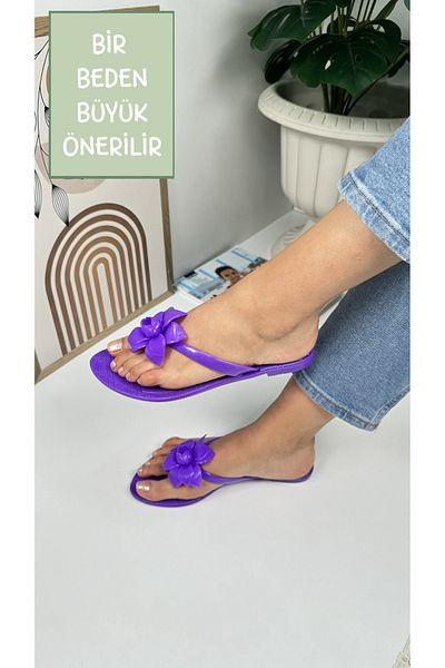 İmerShoes Daily Women's Purple Slippers Flip Flops Flat Sole Oval Toe Flower Detailed C8