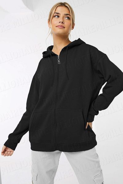 Millionaire Women's Black Hooded Zippered 3 Three Thread Fleece Kangaroo Oversize Loose Sweatshirt Zip Up Hoodie