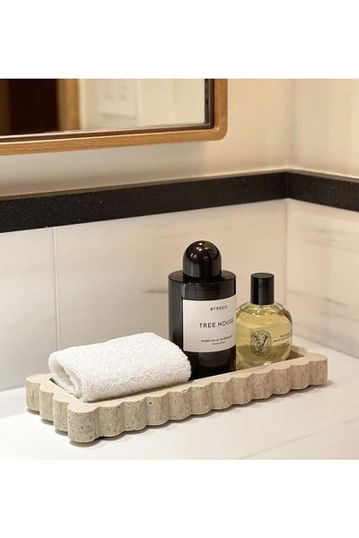 Modestmar Natural Travertine Marble Tray, Bathroom Organizer, Presentation Plate with Edge Detail