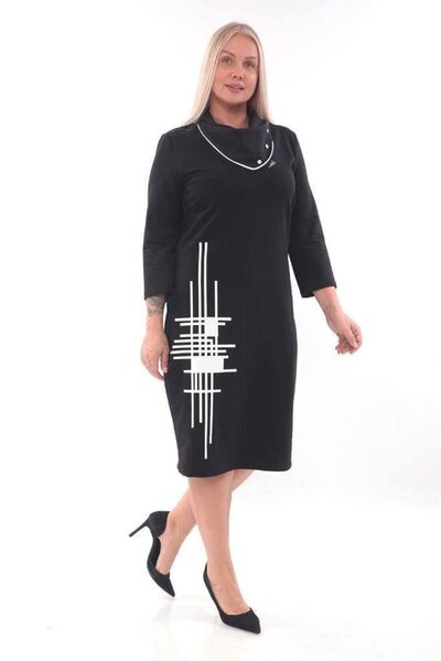MAG FASHİON Rochie neagră de mărime mare - guler cu nasturi și design imprimat în față