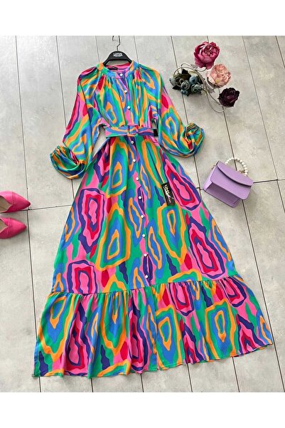 YEDİLALE فستان بحلقة منقوشة من الفيسكوز - 4339