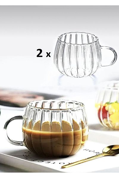 GELİNHOMES 350ml Borosilicate Thermal Cup - Line Design Glass Cup Presentation Cup Set of 2
