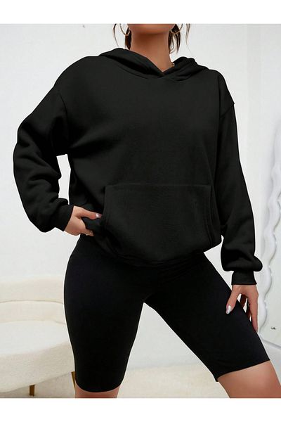 khufu Hanorac simplu unisex cu glugă neagră fără imprimeu - Hanorac