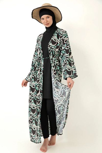 medipek Lycra Vollbedeckter Hijab-Badeanzug mit Pareo - Schwarz Grün