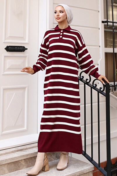 benguen 11031-08 Claret Red Striped Knitwear Dress - Button Collar Detail