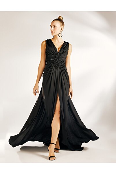 Hürrem Aldinç Abiye Elbise Ipek Saten, Ön Yırtmaçlı, Taş Işlemeli, Uzun Arka ...