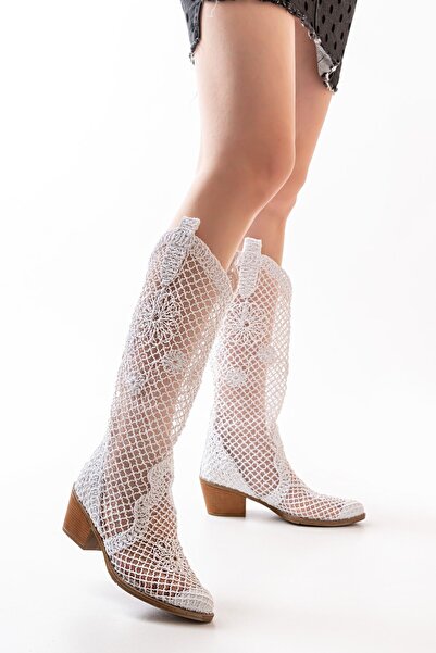 Ms Sugar أحذية كاوبوي غربية طويلة صيفية من قماش الدانتيل الأبيض