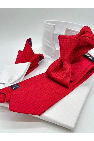 Gutiero Red Patterned Classic Tie with Handkerchief