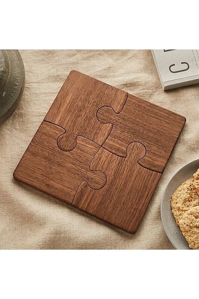 Pey Aksesuar Wood Patterned Puzzle MDF Coasters Set of 4 10x10 Cm Desktop Decoration Item