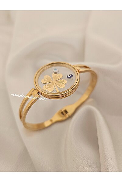 m mavi deniz accesories Yonca Detay Gold Çelik Kelepçe Bileklik Cam Çerçeveli...