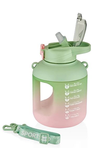Vagonlife 1100 Ml Double Color Motivational Water Bottle with Straw and Carrying Strap and Handle with Sticker Gift