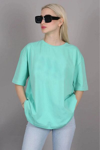 Tight Lady Γυναικείο μπλουζάκι Boyfriend Oversize με λαιμόκοψη μέντας - Σούπερ Ποιότητας 100% Βαμβάκι