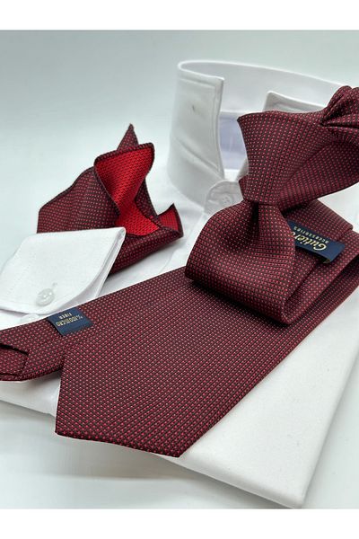 Gutiero Claret Red Tie with Handkerchief - Dotted Classic Design