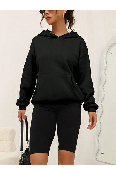 khufu Hanorac simplu unisex cu glugă neagră fără imprimeu - Hanorac