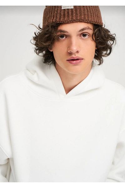 Moda Işık Ecru Unisex Hooded Basic Sweatshirt - 100% Cotton