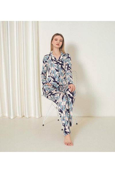 Tarık Țesătură din bambus cu model - Set de pijamale de sezon pentru femei cu nasturi în față