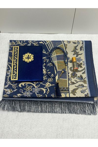 Markapolin Navy Blue Prayer Rug Gift Set
