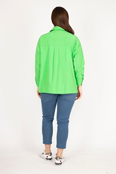 Şans Γυναικείο Πράσινο Πουκάμισο Μεγάλου Μεγέθους Μεταλλικά Κουμπιά με μανσέτες 65n36143