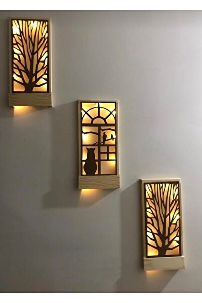 ViraHome Peri Ledli 3lüset Piller Hariç Açkapa Masifahşap Tablo Ev Hediye Hol...