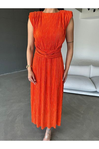 mor butik Fly777 Model Orange Padded Crinkle Dress
