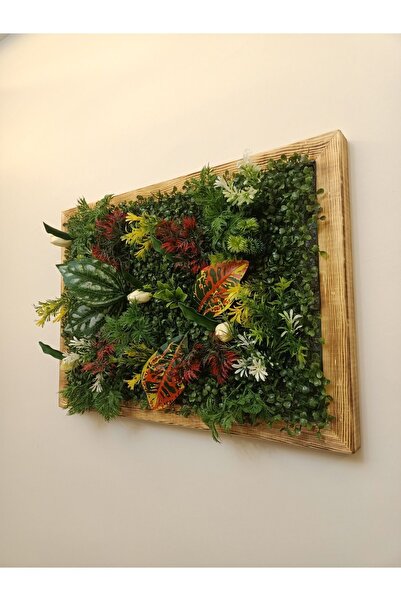 ViraHome Lüks Dekoratif Ahşap Çerçeveli Yapay Çiçek Duvar Paneli Şimşir Dikey Bahçe Aranjmanı 48-68 Cm