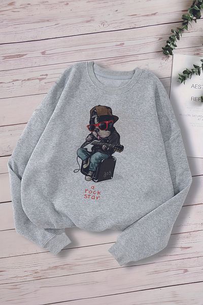 MYADA Детски суитшърт Premium Oversize с щампа на куче Rockstar - 12703