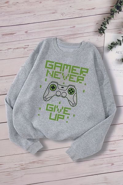 MYADA Детски суитшърт с принт „Never Give Up“ Premium Gamer Oversize - 13247