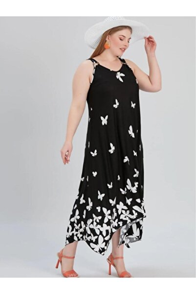 BERNEO Φόρεμα από βαμβακερό χτενισμένο βισκόζη με ασύμμετρη κοπή - Χοντρό λουράκι και αστράγαλο