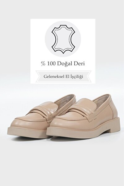 TUNAELLİ KADIN BEJ HAKİKİ DOĞAL DERİ LOAFER AYAKKABI