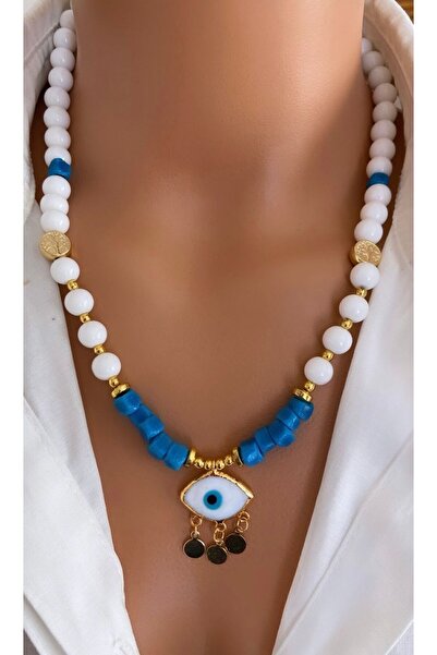 TARZ-I TAKI الحجر الطبيعي الأزرق بودروم الخرز الأبيض الزجاج الخرز مطلية بالذه...