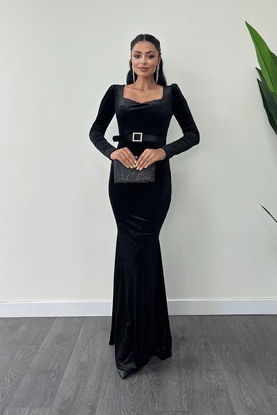 giyimmasalı Φόρεμα από βελούδινο ύφασμα Sweetheart γιακά ψαριού - Μαύρο